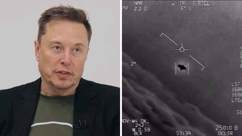 Elon Musk e objeto voador não identificado avistado pela Marinha dos EUA - Reprodução/X (@TuckerCarlson); Divulgação/Marinha dos EUA