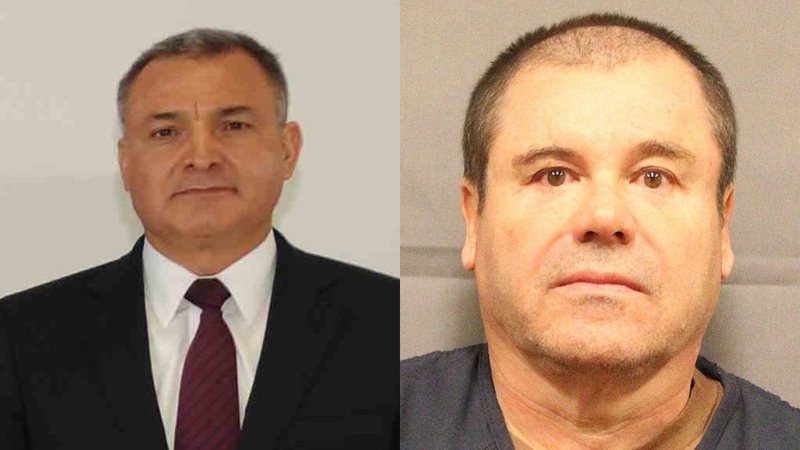 Genaro García Luna ao lado de foto de El Chapo - Domínio Público e DEA/Wikimedia Commons