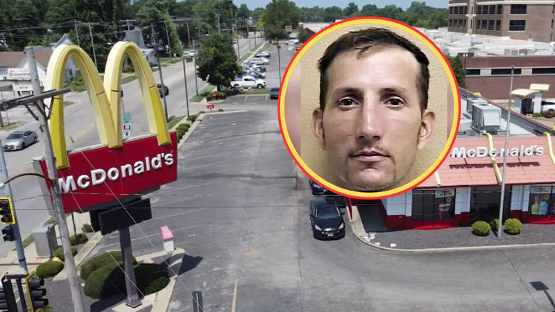 Fachada de um McDonald's e mugshot de Jeffrey Manchester - Reprodução/Video/YouTube/Sets, Streets & Eats e North Carolina Sheriff