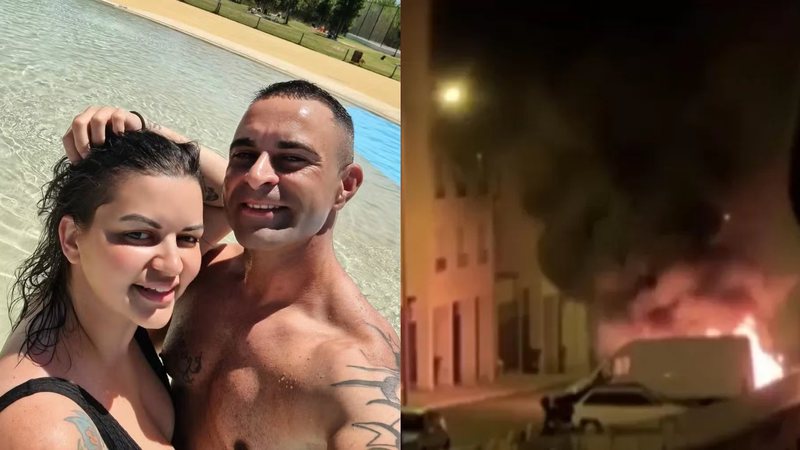 Fernanda Júlia e Bruno Neto, casal de brasileiros mortos em Portugal, e carros incendiados em Lisboa - Arquivo Pessoal / Reprodução/Vídeo/SIC Notícias