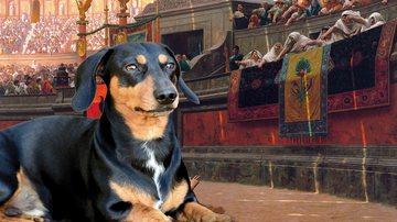 Fotografia de cachorro salsicha sobre pintura 'Pollice verso', de Jean-Léon Gérôme - Domínio Público via Wikimedia Commons / Foto por congerdesign pelo Pixabay