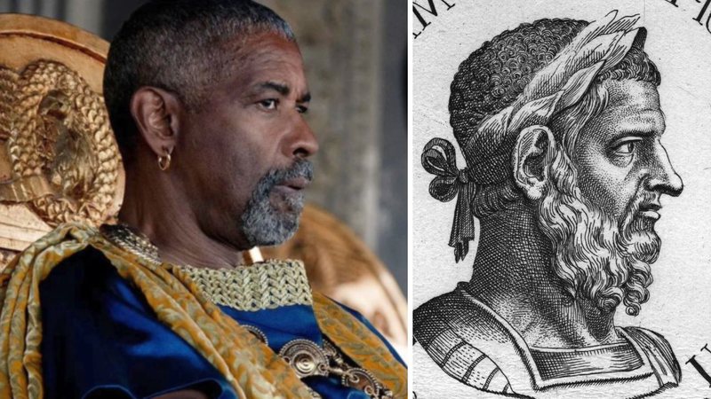 Denzel Washington interpreta "Macrinus" em "Gladiador 2" - Divulgação/Paramount Pictures; Getty Images