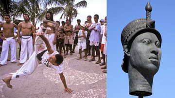 Grupo praticando capoeira e monumento a Zumbi dos Palmares - Getty Images e Wikimedia Commons