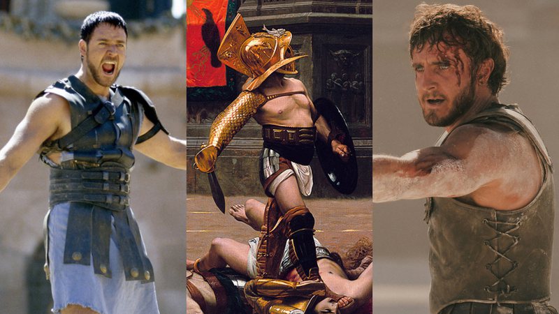 Russell Crowe em 'Gladiador' (2000), recorte da pintura 'Pollice verso', de Jean-Léon Gérôme, e Paul Mescal em 'Gladiador 2' (2024) - Reprodução/Universal Pictures / Domínio Público via Wikimedia Commons