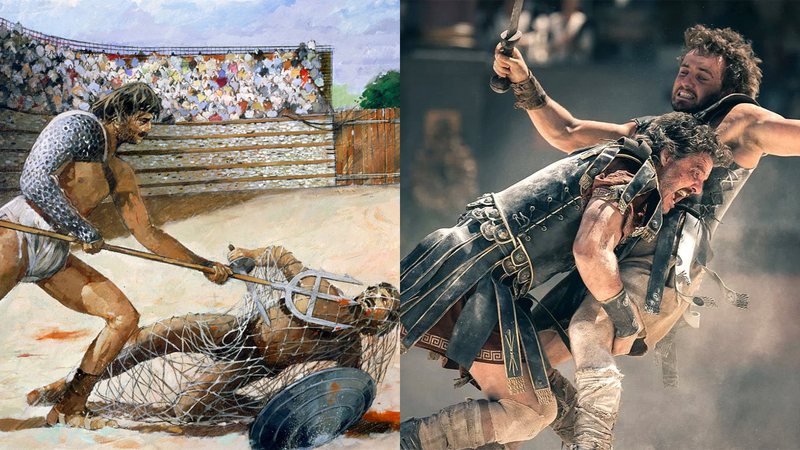 Ilustração de antigos gladiadores (à esqu.) e cena do filme Gladiador 2 (à dir.) - Getty Images e Divulgação