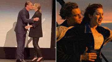 Leonardo DiCaprio e Kate Winslet dando selinho em evento e em Titanic - Reprodução/Video e Divulgação/20th Century Fox