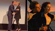 Leonardo DiCaprio e Kate Winslet dando selinho em evento e em Titanic - Reprodução/Video e Divulgação/20th Century Fox