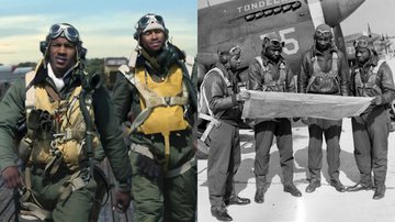 Cena do filme 'Esquadrão Red Tails' e os verdadeiros Tuskegee Airmen - Reprodução/20th Century Fox / Getty Images