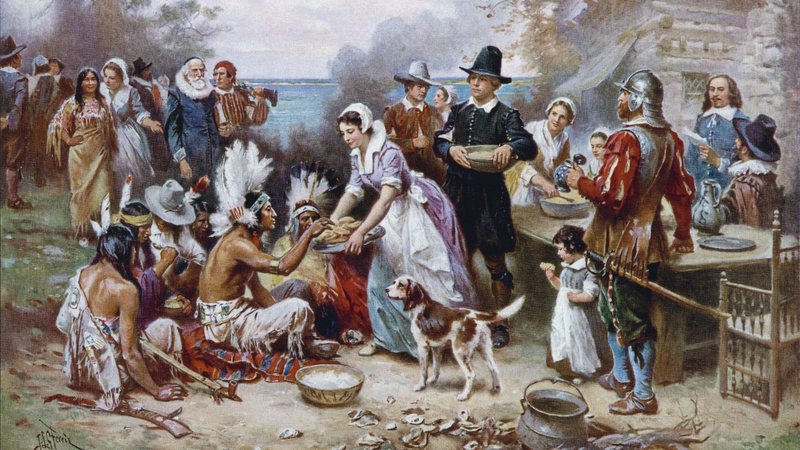 'The First Thanksgiving', por Jean Leon Gerome Ferris - Domínio Público via Wikimedia Commons