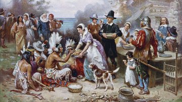 'The First Thanksgiving', por Jean Leon Gerome Ferris - Domínio Público via Wikimedia Commons