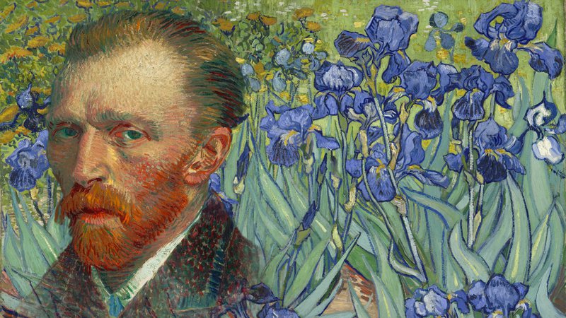 Montagem com autorretrato de van Gogh e recorte de 'Lírios' ao fundo - Domínio Público via Wikimedia Commons