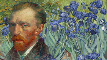 Montagem com autorretrato de van Gogh e recorte de 'Lírios' ao fundo - Domínio Público via Wikimedia Commons