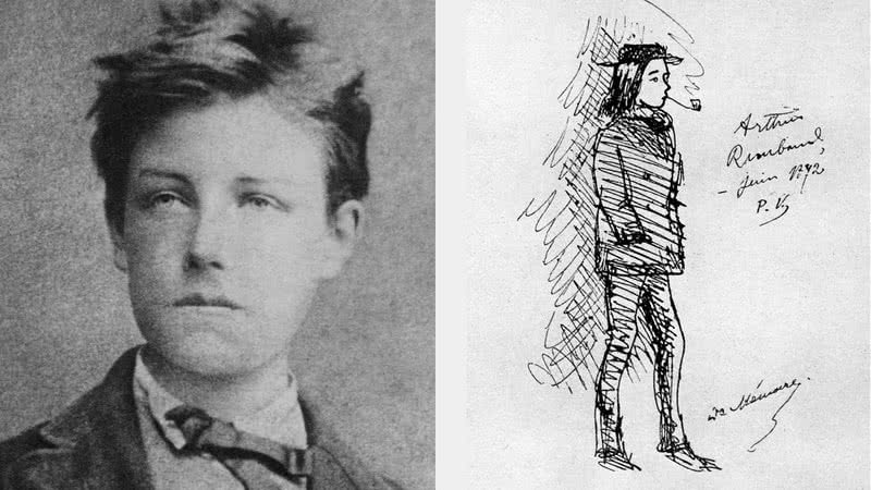 Arthur Rimbaud em 1870 e desenho de Paul Verlaine - Getty Images