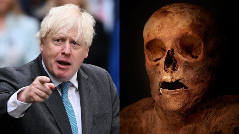 Boris Johnson, ex-primeiro-ministro do Reino Unido, e fotografia de múmia de mulher do século 18 - Getty Images / Divulgação/Gregor Brändli