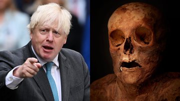 Boris Johnson, ex-primeiro-ministro do Reino Unido, e fotografia de múmia de mulher do século 18 - Getty Images / Divulgação/Gregor Brändli