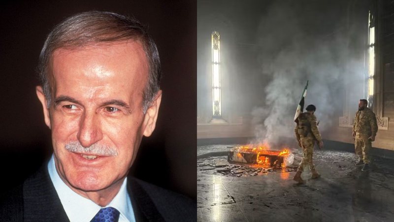 Hafez al-Assad e seu túmulo incendiado - Getty Images e Reprodução/Vídeo/Folha de São Paulo