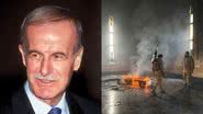 Hafez al-Assad e seu túmulo incendiado - Getty Images e Reprodução/Vídeo/Folha de São Paulo