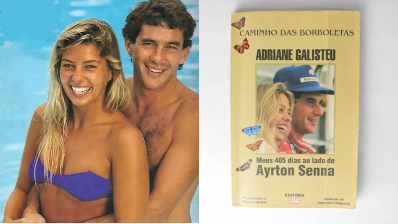 Adriane Galisteu com Ayrton Senna e a capa de 'Caminho das Borboletas' - Divulgação/Revista Caras