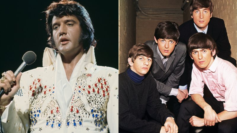 Elvis Presley (à esqu.) e os Beatles (à dir.) - Getty Images