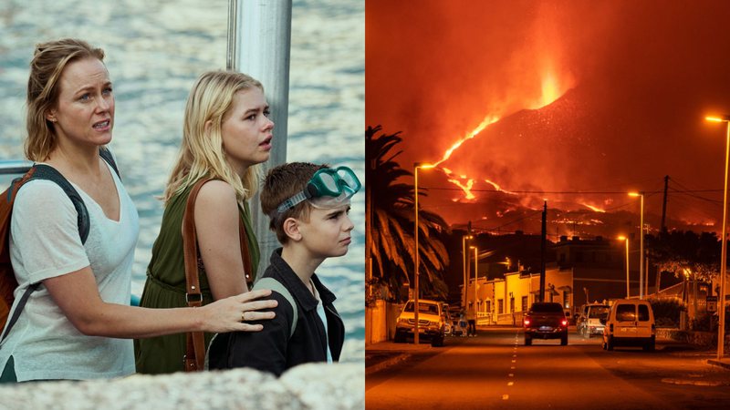 Cena da série Inferno em La Palma (à esqu.) e o vulcão Cumbre Vieja (à dir.) - Divulgação/Netflix e Getty Images