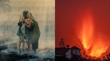 Cena de Inferno em La Palma (à esqu.) e o vulcão Cumbre Vieja (à dir.) - Divulgação/Netflix e Getty Images