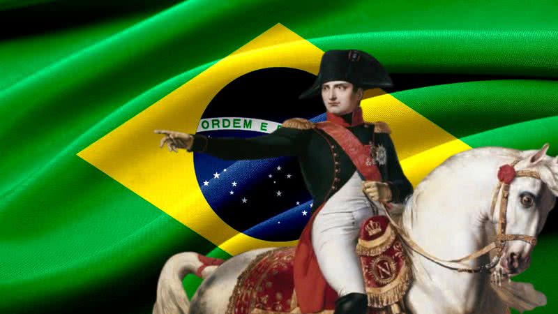 A bandeira do Brasil e pintura de Napoleão Bonaparte - Pixabay e Domínio Público