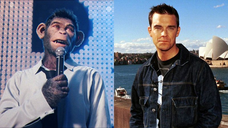 O chimpanzé do filme Better Man (à esqu.) e Robbie Williams (à dir.) - Divulgação e Getty Images