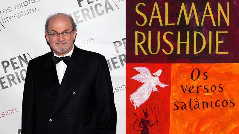 Salman Rushdie e capa do livro 'Os Versos Satânicos' - Wikimedia Commons