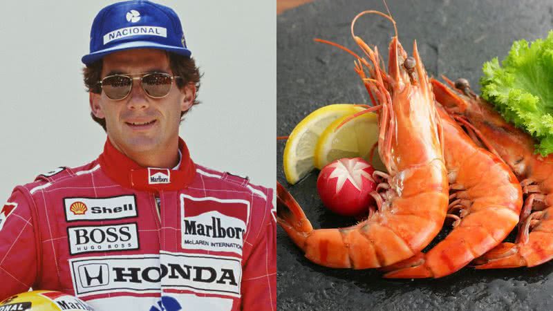 Ayrton Senna (à esqu.) e um camarão (à dir.) - Getty Images e Pixabay