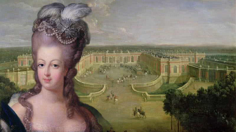 'Vista do Grand Trianon' do Palácio de Versalhes, por Pierre-Denis Martin, e retrato de Maria Antonieta - Getty Images / Domínio Público via Wikimedia Commons