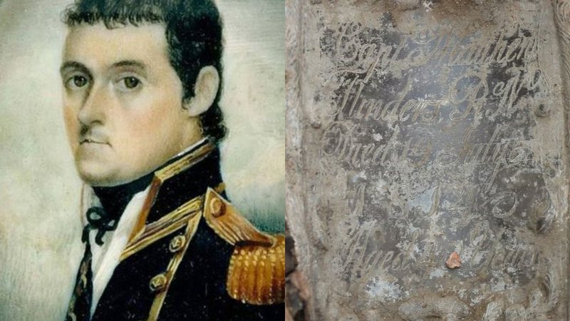 Retrato de Matthew Flinders e foto do caixão - Wikimedia Commons e James O Jenkins/HS2 Ltd