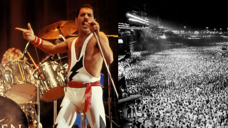 Freddie Mercury durante apresentação do Queen no Rock in Rio; à direita, fotografia do público do festival - Getty Images e Divulgação/Rock in Rio