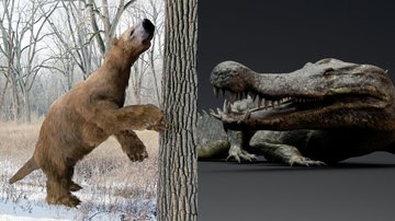 Ilutrações mostram um Megatério (à esqu.) e um Deinosuchus (à dir.) - Getty Images