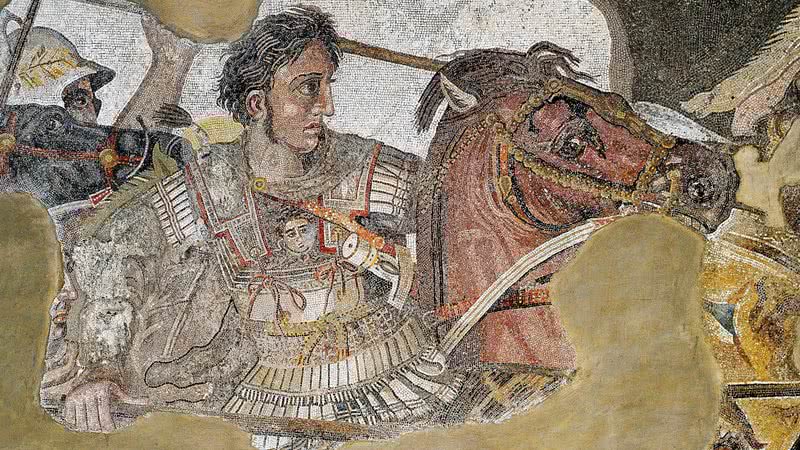 Mosaico de Alexandre, o Grande com seu cavalo Bucéfalo, na Batalha de Isso - Wikimedia Commons