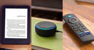 Imgens dos dispositivos Amazon: Kindle, Echo Dot e Fire Stick TV - Crédito: Reprodução / Amazon