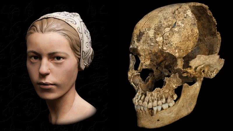 Montagem mostrando reconstrução facial da Jane e fotografia de seu crânio - Divulgação/ Jamestown Rediscovery