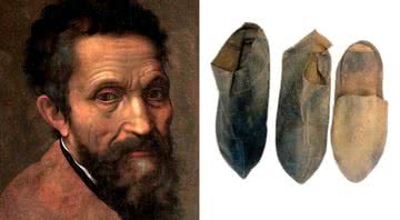 Montagem mostrando uma pintura de Michelangelo e uma fotografia de seus supostos sapatos - Wikimedia Commons / Casa Museo Buonarroti / Anthropologie