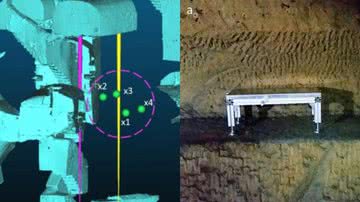 À esquerda, representação visual em 3D da sepultura encontrada, e à direita, um detector de emulsão nuclear a 18 metros abaixo do chão - Divulgação/Tioukov, V, et al. (2023)