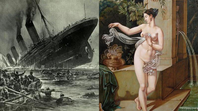 Ilustração de 1912 imaginando naufrágio do Titanic e a obra 'La Circassienne au Bain' - Domínio Público via Wikimedia Commons