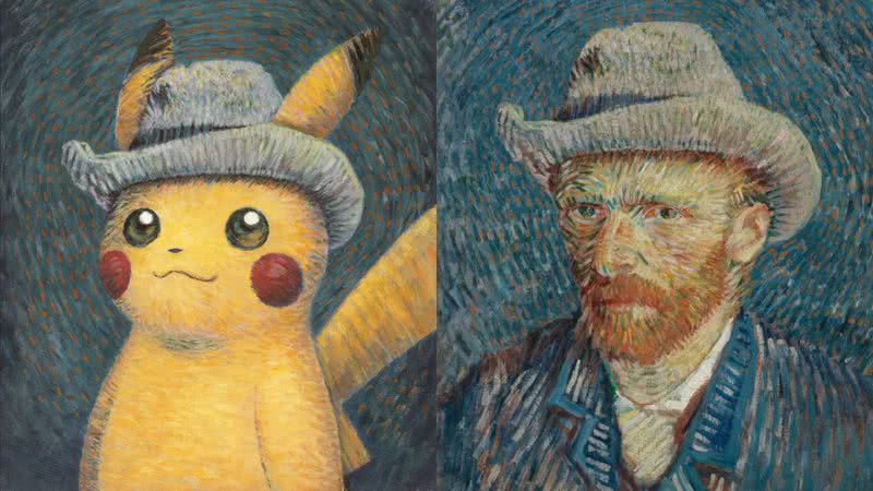 Imagens divulgada pelo Museu van Gogh com um Pikachu estilizado como as pinturas do artista, e um autorretrato de van Gogh - Divulgação/Pokémon/Nintendo/Creatures/GAME FREAK / Domínio Público via Wikimedia Commons