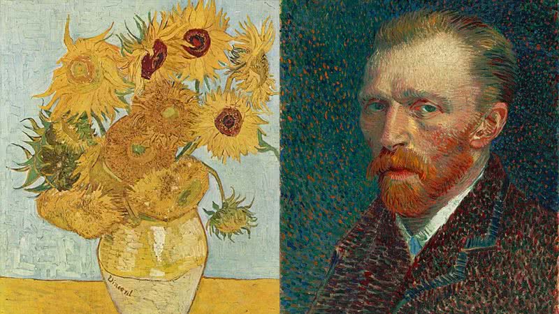 'Doze Girassóis numa Jarra', de Vincent van Gogh, e autorretrato do pintor neerlandês - Domínio Público via Wikimedia Commons