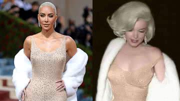 Montagem de Kim Kardashian e Marilyn Monroe em imagem colorizada com o mesmo vestido - Getty Images / Divulgação / Klimbim