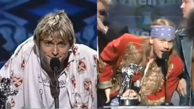 Nirvana (à esq.) e Guns n' Roses (à dir.) recebendo prêmios no VMA 1992 - Divulgação / MTV