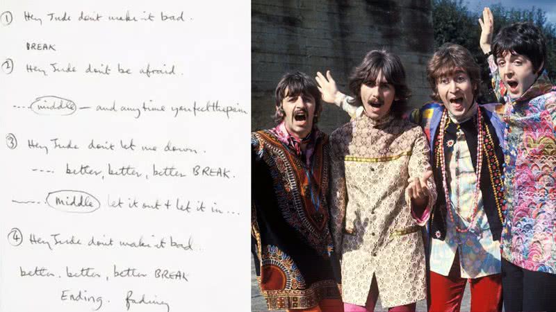 O manuscrito leiloado em montagem com uma fotografia da banda - Divulgação