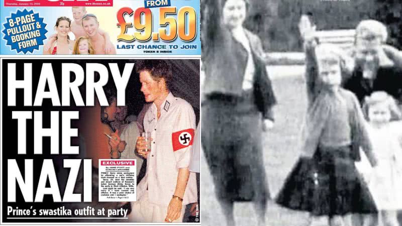 Jornais mostram, à esquerda, o príncipe Harry vestido de soldado da SS, e à direita, a Rainha Elizabeth fazendo saudação nazista quando criança - Divulgação