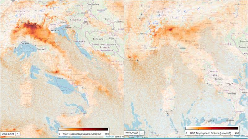 Dados de satélite mostram as emissões de dióxido de nitrogênio no norte da Itália em 24 de fevereiro (esquerda) e 8 de março - Divulgação/Twitter