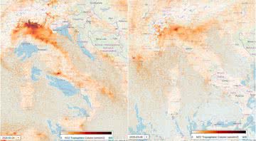 Dados de satélite mostram as emissões de dióxido de nitrogênio no norte da Itália em 24 de fevereiro (esquerda) e 8 de março - Divulgação/Twitter