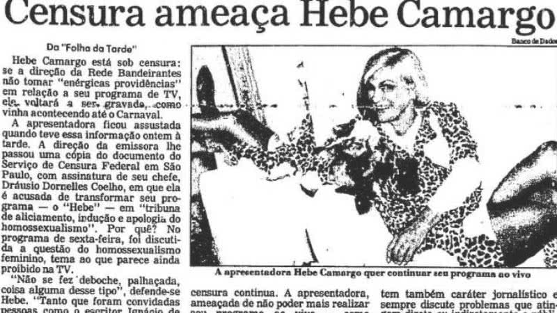 Reportagem que integra os documentos reunidos pelo Acervo Lésbico Brasileiro retrata ameaça de censura a Hebe Camargo durante a ditadura - Divulgação/ Acervo Lésbico Brasileiro