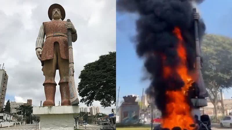 O antes e depois da estátua - Wikimedia Commons / Gustavo Vivancos (esq.) - Divulgação / Twitter / Jornalistas Livres (dir.)