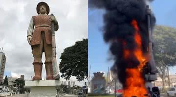 O antes e depois da estátua - Wikimedia Commons / Gustavo Vivancos (esq.) - Divulgação / Twitter / Jornalistas Livres (dir.)